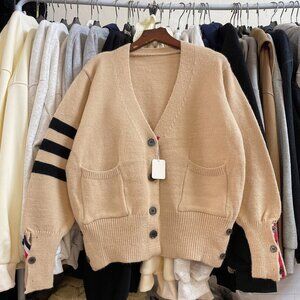 Tan Varsity Stripe Button Cardigan Sweater Cozy Knit
